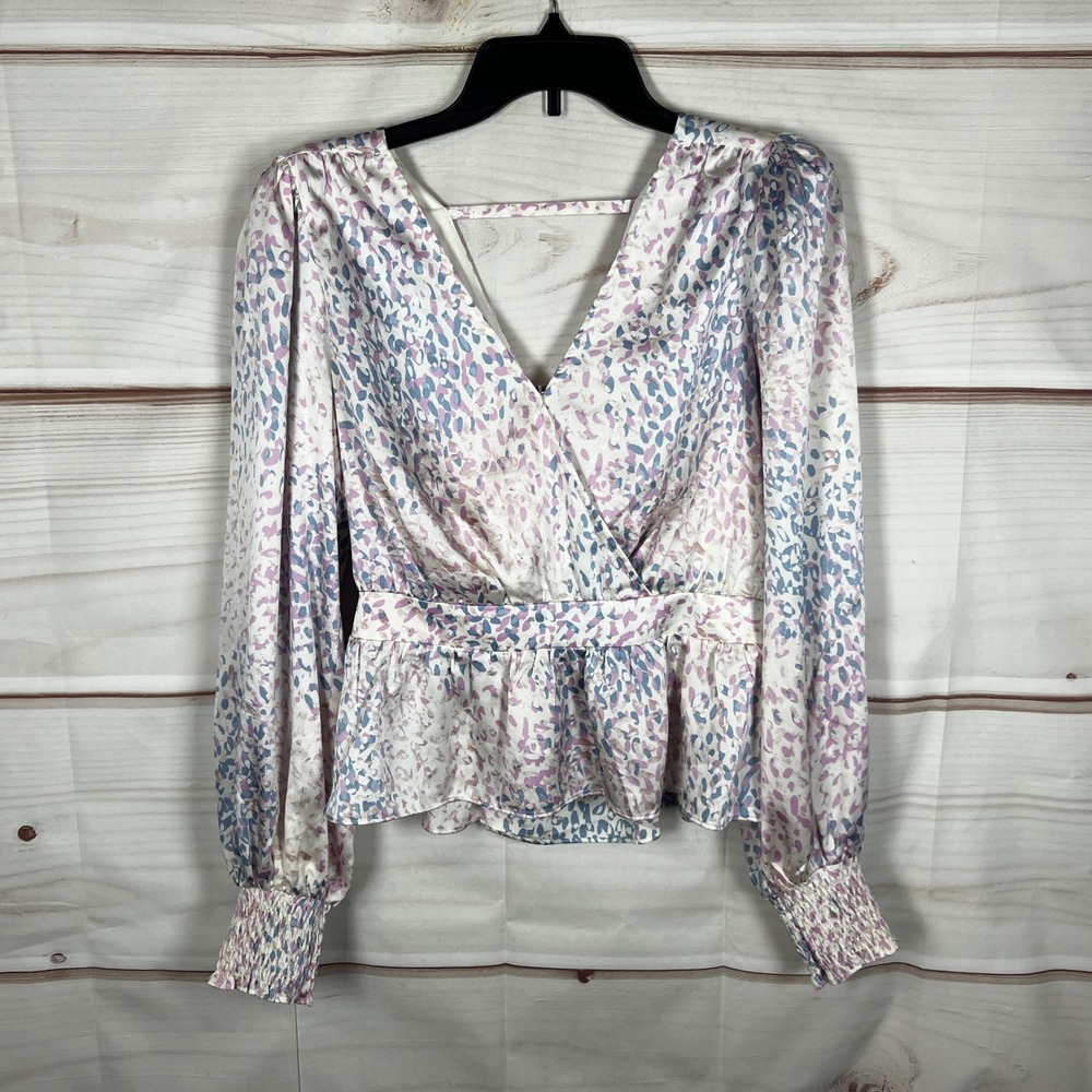 Express Peplum Top Womens Small Multicolor Abstract Satin Long Sleeve Faux Wrap
